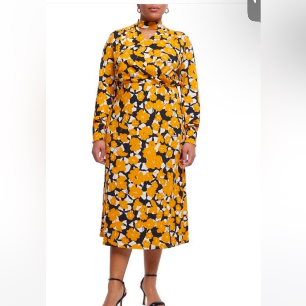 River Island Plus Floral Long Sleeve Faux Wrap Dress in Orange and Black